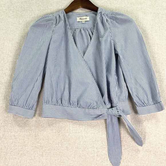 Madewell Tops - Madewell Women's Top Size XXS Wrap Front Tie Blue White 3/4 Sleeves 100% Cotton